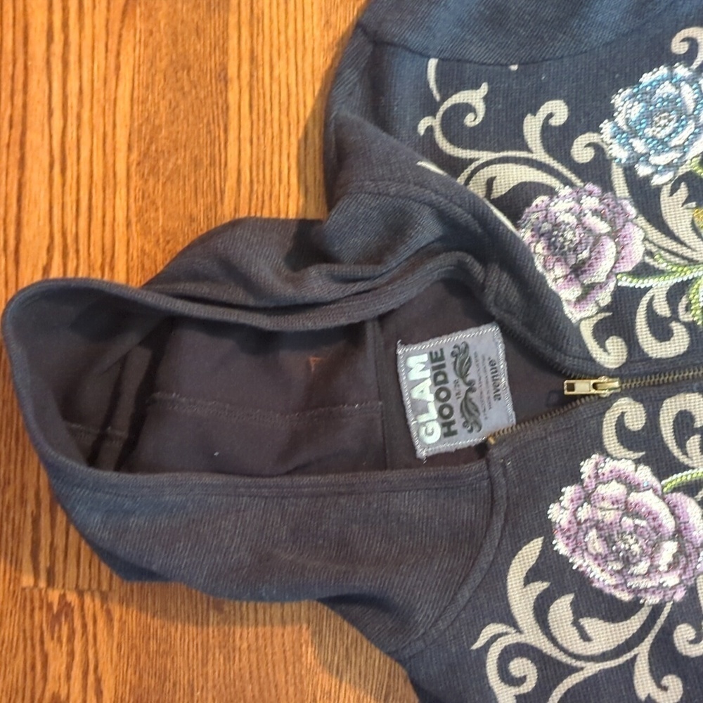 Y2K Avenue gray Hoodie waffle knit bling studded floral pattern rare Sz XL - Picture 4 of 11